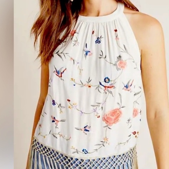 ANTHROPOLOGIE EMBROIDERED BIRDS FUN FLORAL PRINT FRINGE GATSBY HALTER STYLE … - Picture 3 of 14